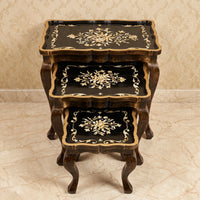 Black & Cream Nesting Tables – Floral Scroll Design