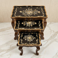 Black & Cream Nesting Tables – Floral Scroll Design
