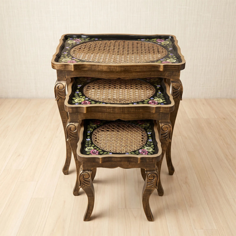 Black & Floral Nesting Tables – Cane Rattan Design