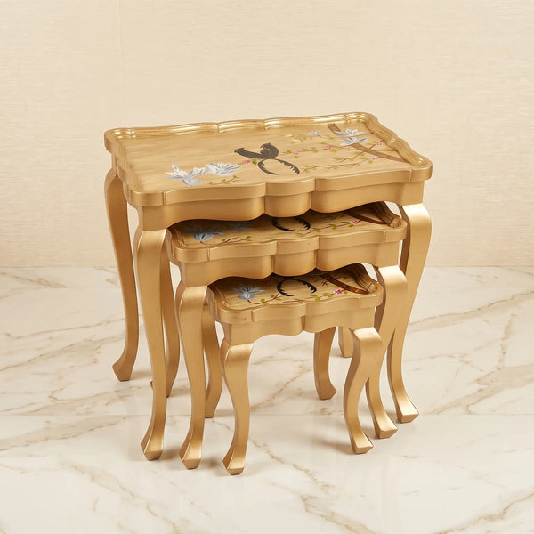 Golden Nesting Tables – Bird & Floral Painted Design
