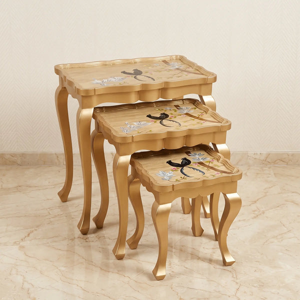 Golden Nesting Tables – Bird & Floral Painted Design