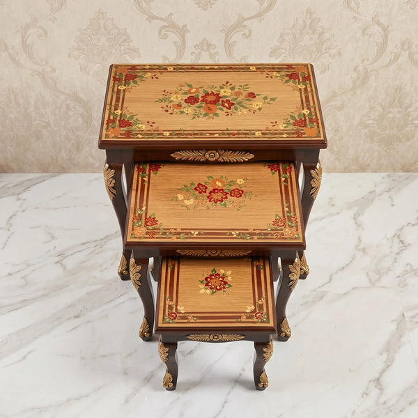 Warm Wood Nesting Tables – Floral Medallion & Gold Leaf Design