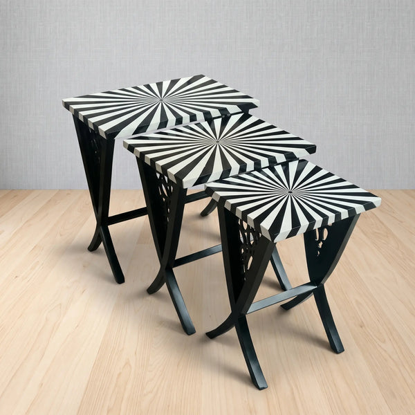 Modern Pinwheel Nesting Tables – Bold Stripe Design