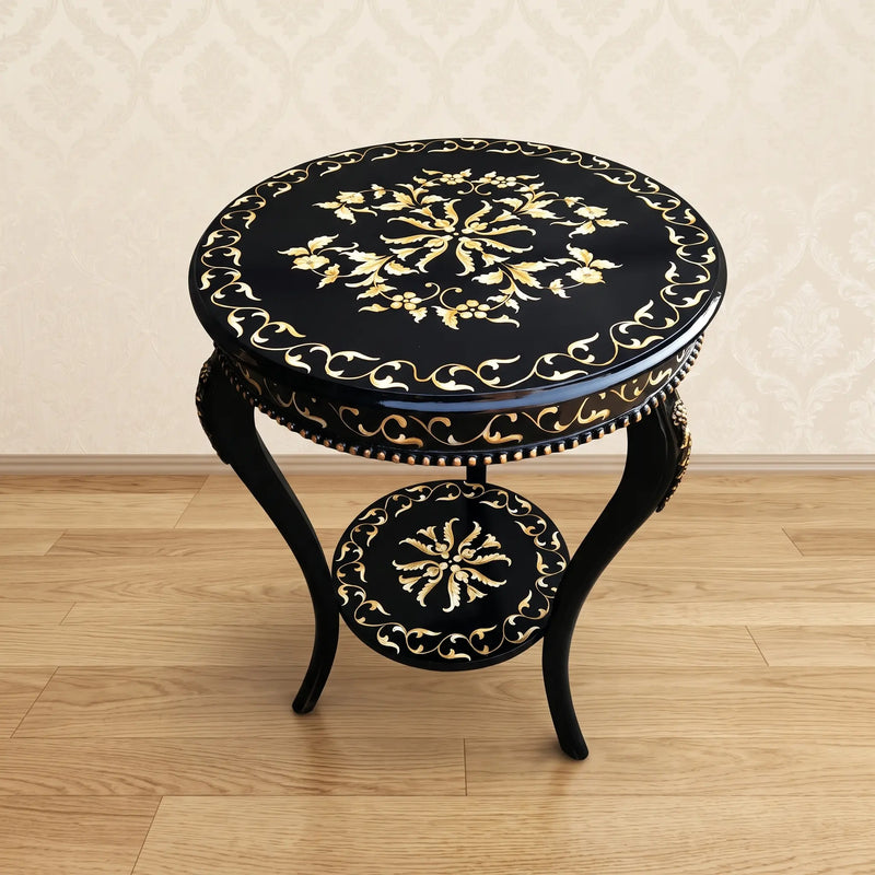 Black & Gold Round Table – Floral Scroll Medallion Design