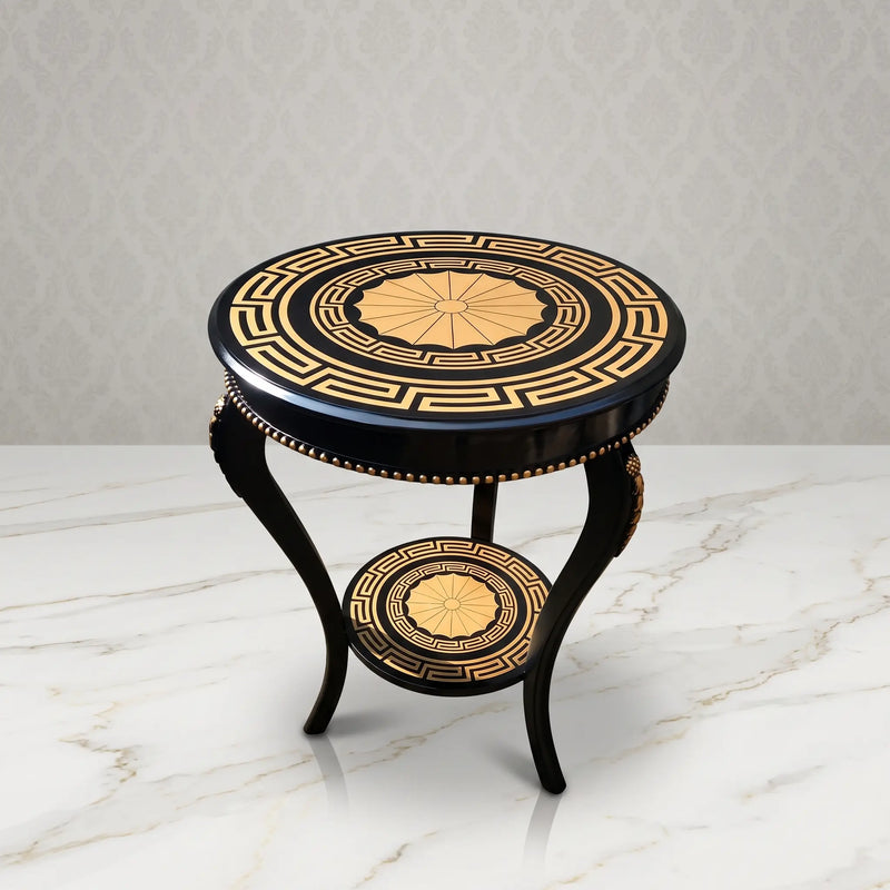 Black & Gold Round Table – Greek Key Sunburst Design
