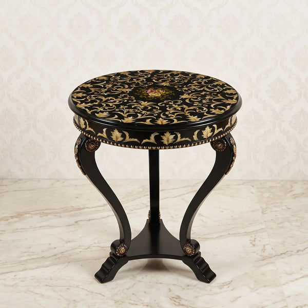 Dark Baroque Round Table – Gold Scroll Pattern Design