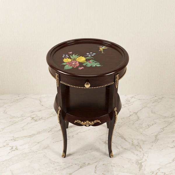 Mahogany Round Side Table – Floral & Hummingbird Design