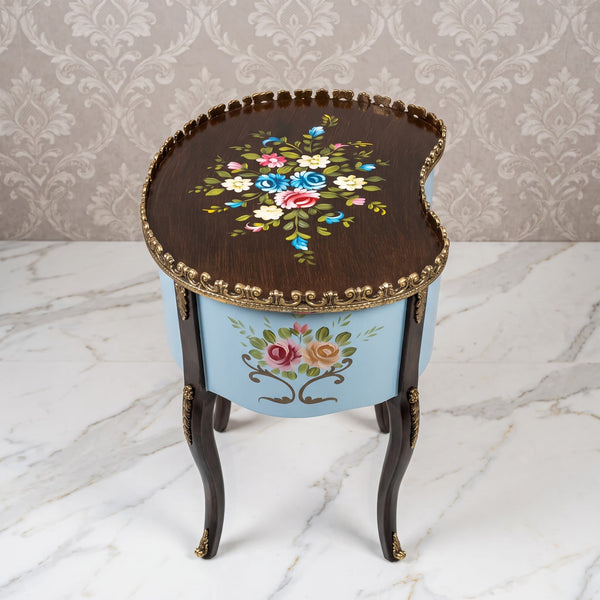 Dark Brown & Blue Kidney Table – Floral Design