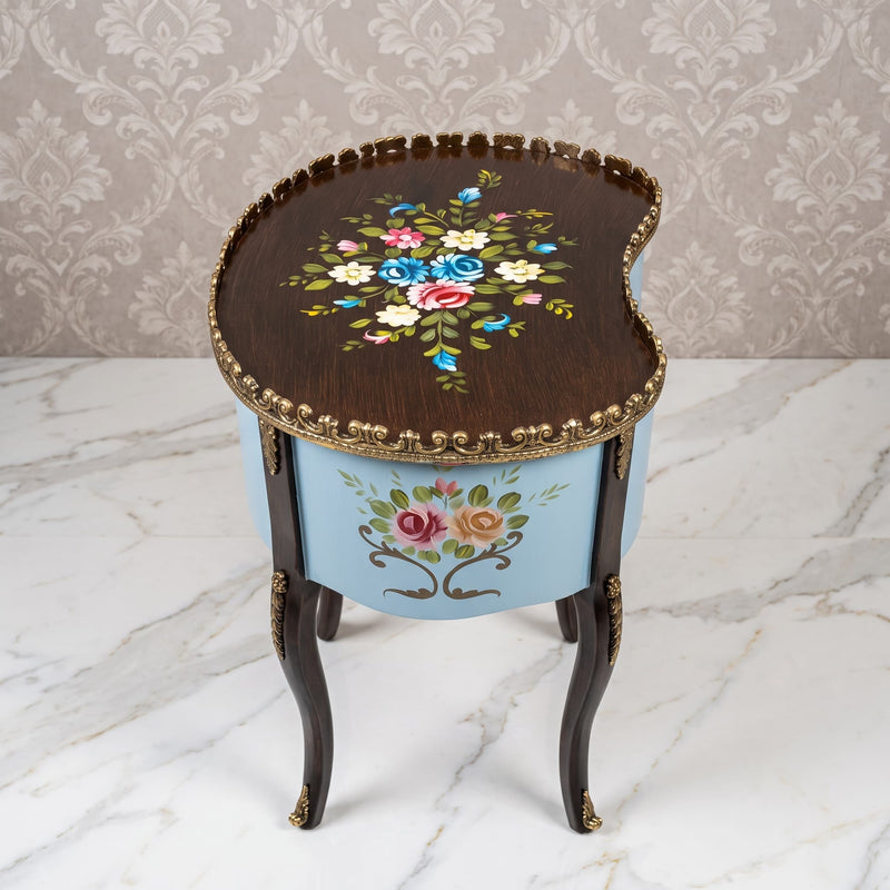Dark Brown & Blue Kidney Table – Floral Design
