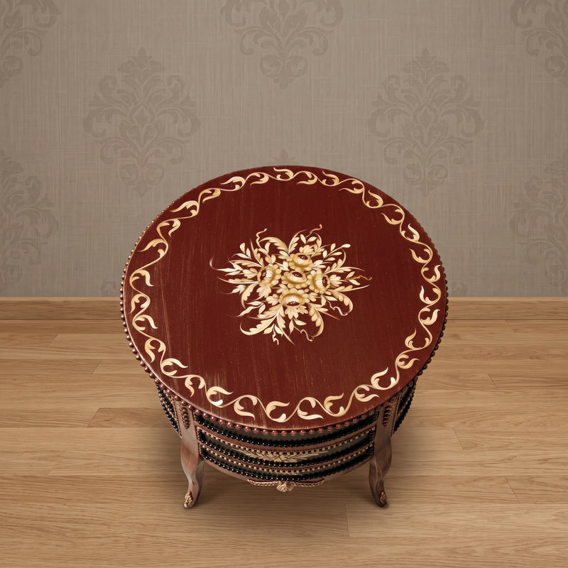 Burgundy & Black Round Table – Gold Floral Medallion Design