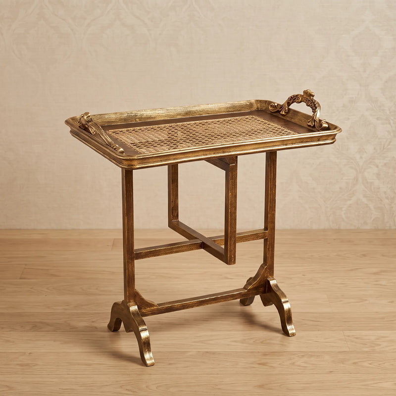 Antique Bronze Tray Table – Woven Cane Design