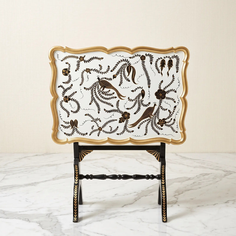 Black & Gold Scalloped Tray Table – Peacock & Floral Design