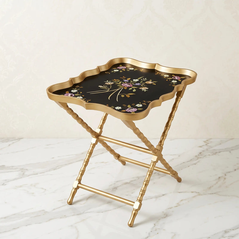 Black & Gold Scalloped Tray Table – Floral Bouquet Design
