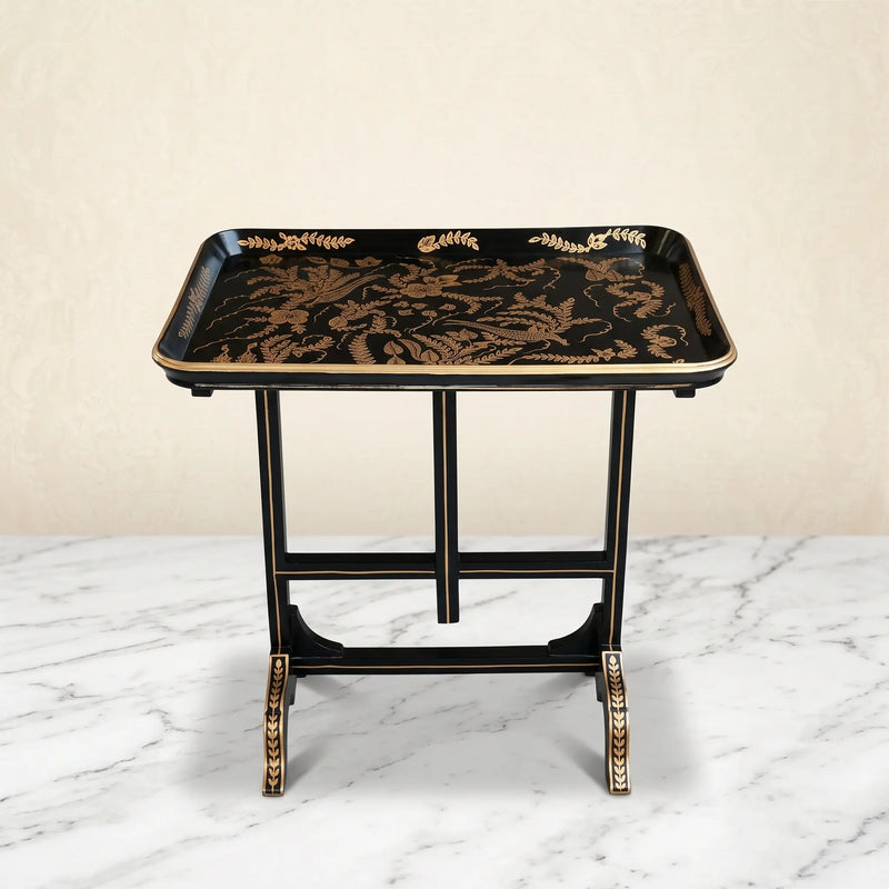 Black & Gold Tray Table – Bird & Floral Design