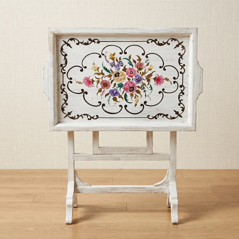 Antique White Tray Table – Floral Bouquet Design