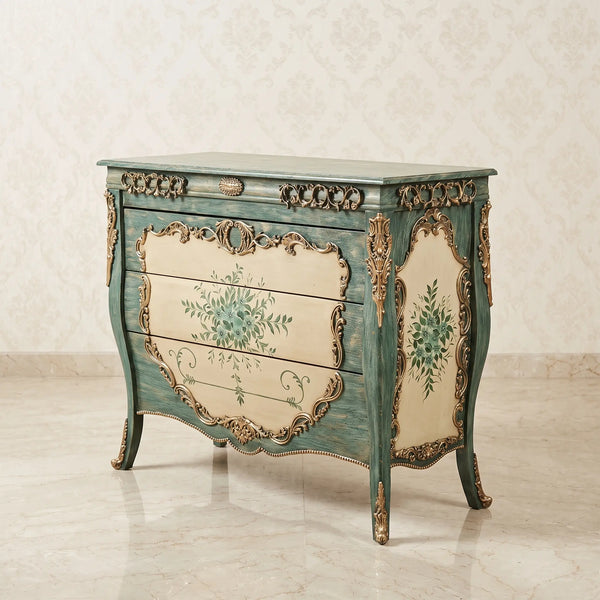 Weathered Teal Bombé Chest – Blue Floral Bouquet Design