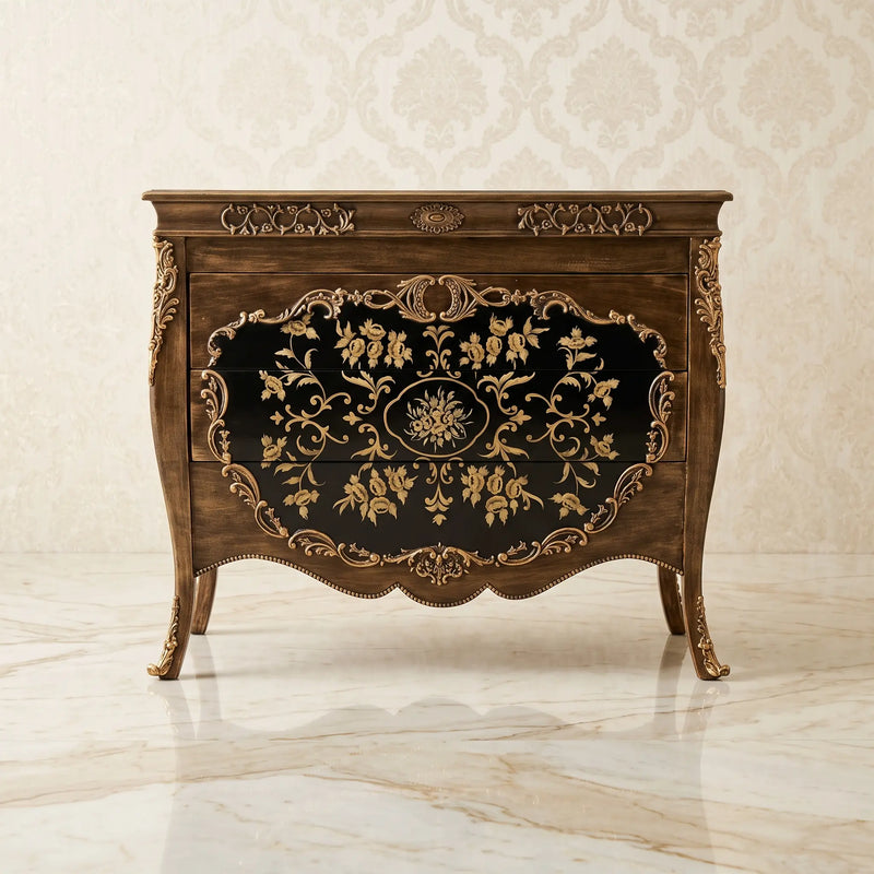 Antique Bronze Bombé Chest – Gold Floral Design