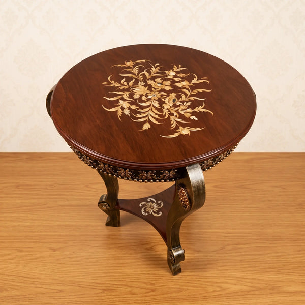 Reddish Brown & Gold Round Table – Floral Medallion Design
