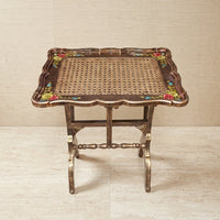 Antique Gold Tray Table – Woven Cane & Floral Design