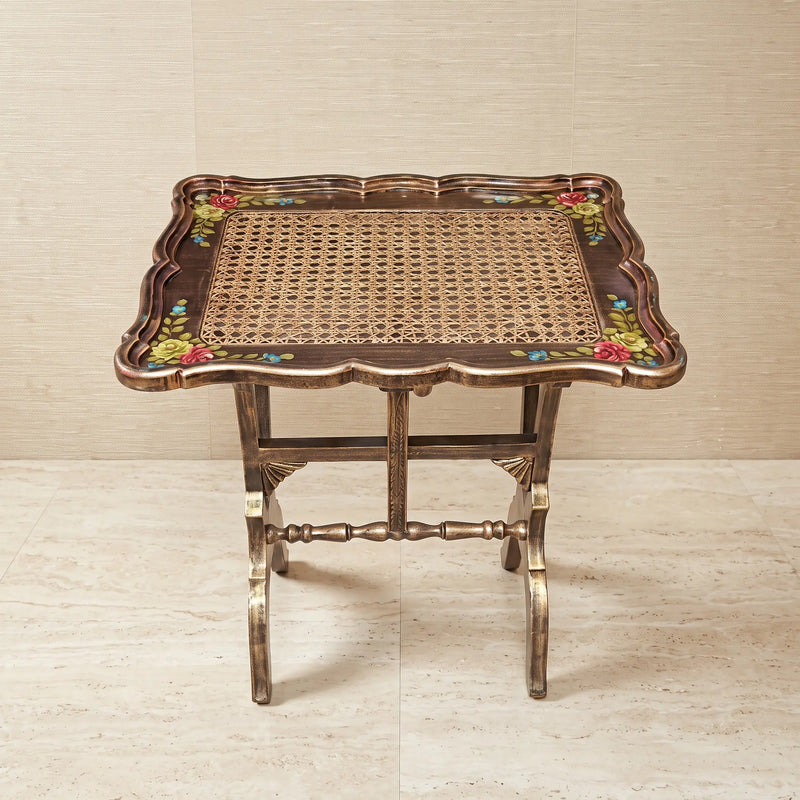 Antique Gold Tray Table – Woven Cane & Floral Design