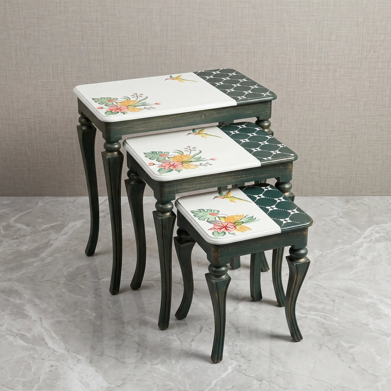 Green & White Nesting Tables – Hummingbird & Tropical Floral Design