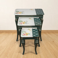 Green & White Nesting Tables – Hummingbird & Tropical Floral Design