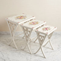 Distressed White Nesting Tables – Floral Bouquet Design