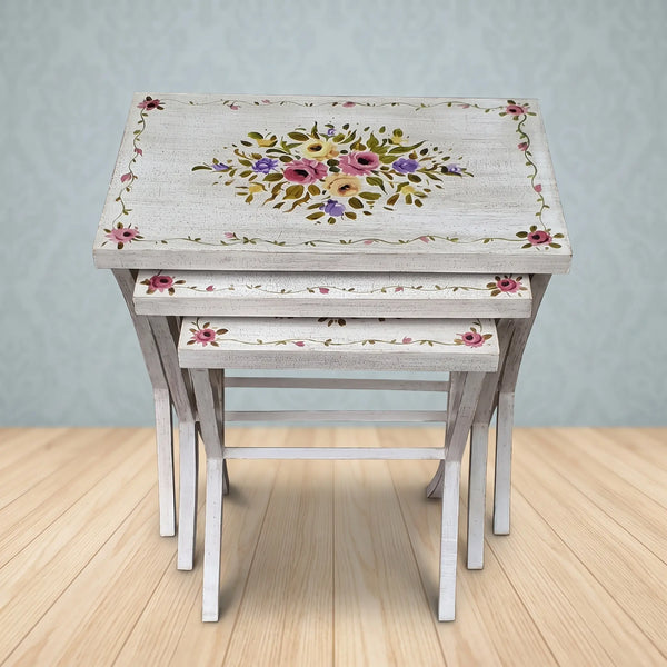 Distressed White Nesting Tables – Floral Bouquet Design