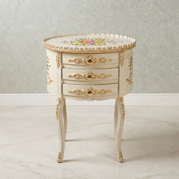 Antique White Oval Side Table – Multicolor Floral Bouquet Design