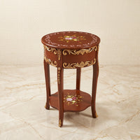 Dark Mahogany Round Table – Ornate Gold Scrollwork Design
