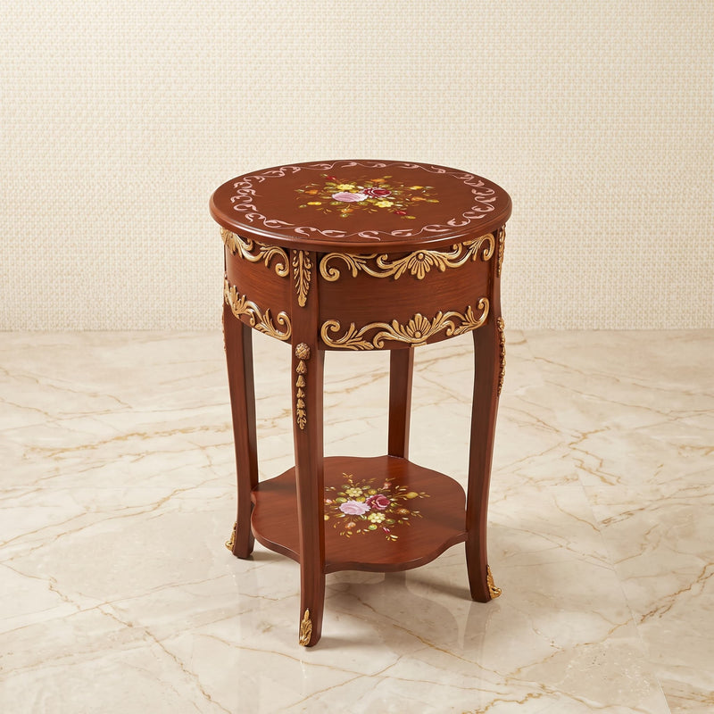 Dark Mahogany Round Table – Ornate Gold Scrollwork Design