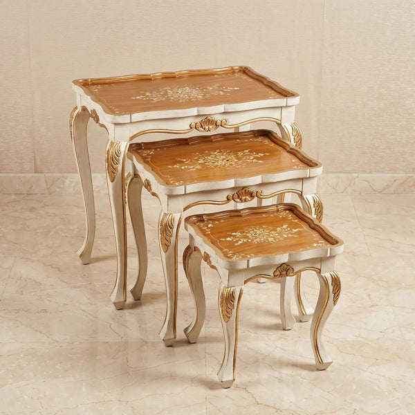 Rustic White Nesting Tables – Amber Wood Grain Floral Top