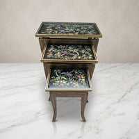 Dark Wood Nesting Tables – Hand-Painted Floral & Bird Glass Top