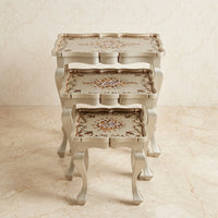Sage-Grey Nesting Tables – Hand-Painted Floral Scroll Design