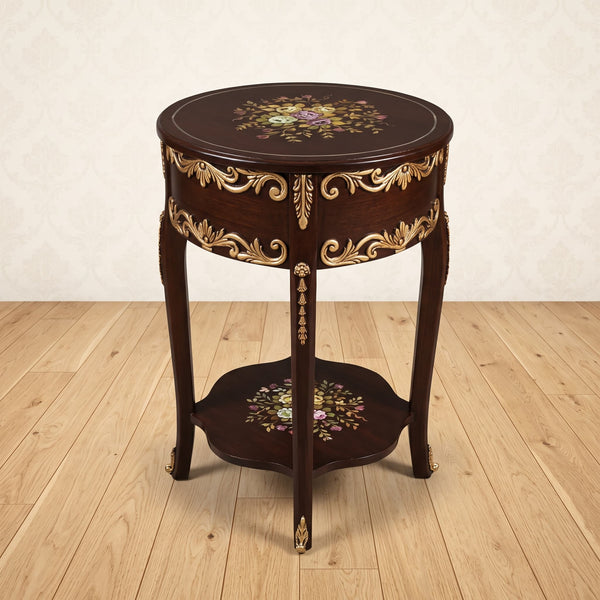 Dark Mahogany Round Table – Ornate Gold Scrollwork Design