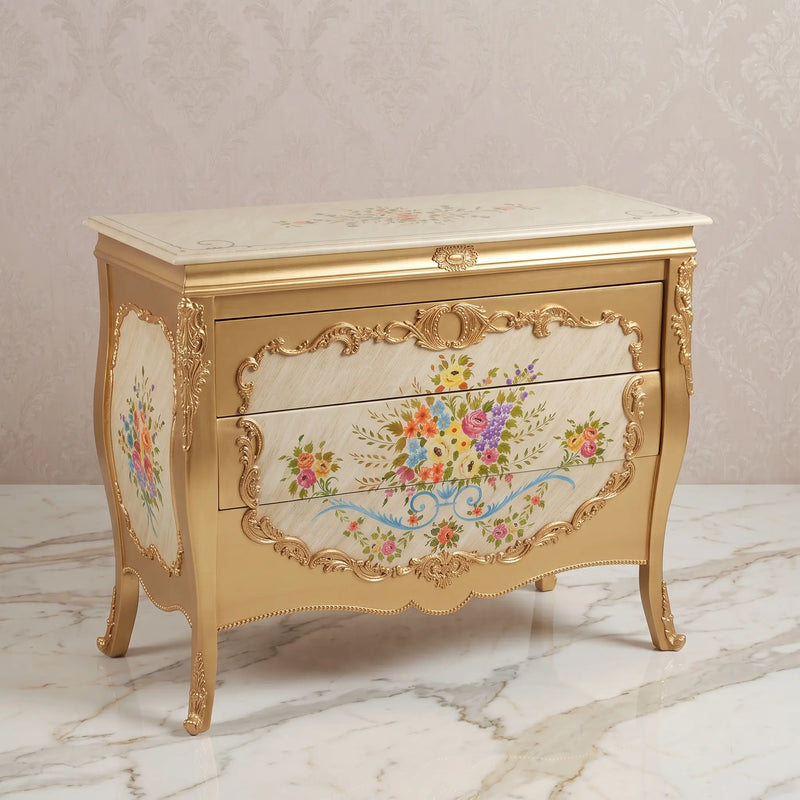 Gold Bombé Chest – Multicolor Floral Bouquet Design