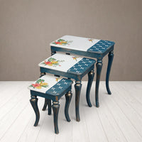 Coastal Blue Hand-Painted Nesting Tables – Floral & Hummingbird Design