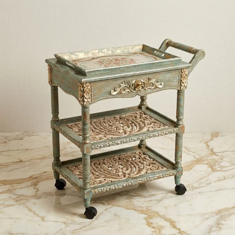 Vintage Patina Serving Trolley – Carved Scroll Design