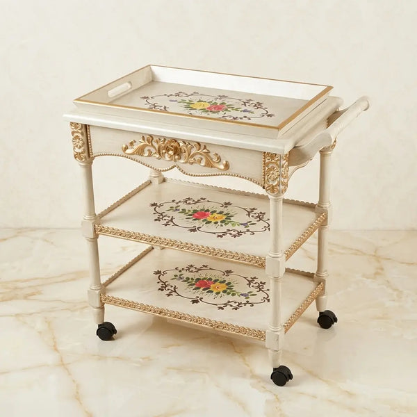 Antique White Carved Serving Trolley – Floral Medallion Design