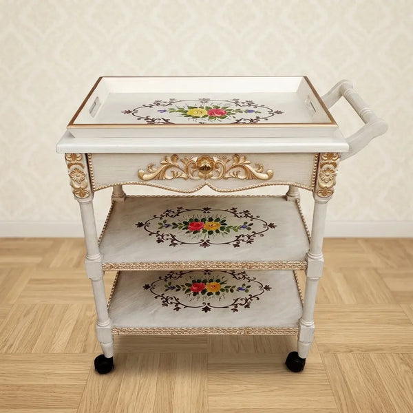 Antique White Carved Serving Trolley – Floral Medallion Design