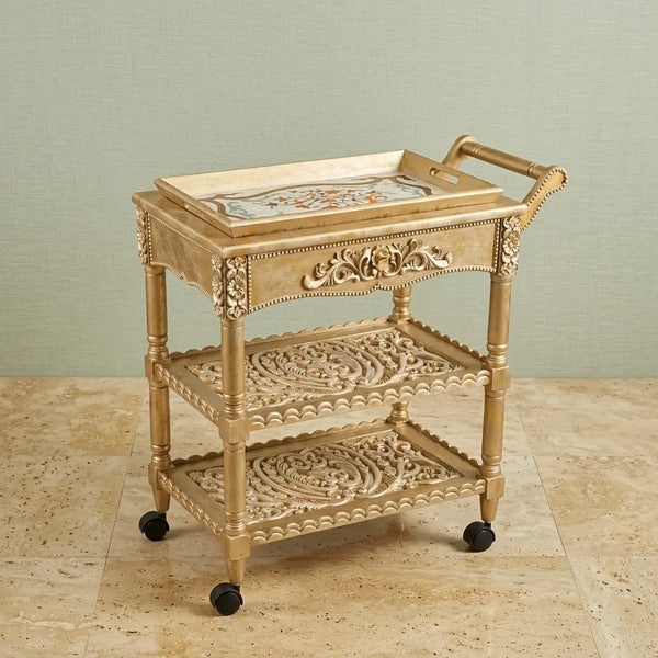Antique Gold Serving Trolley – Carved Scroll Design