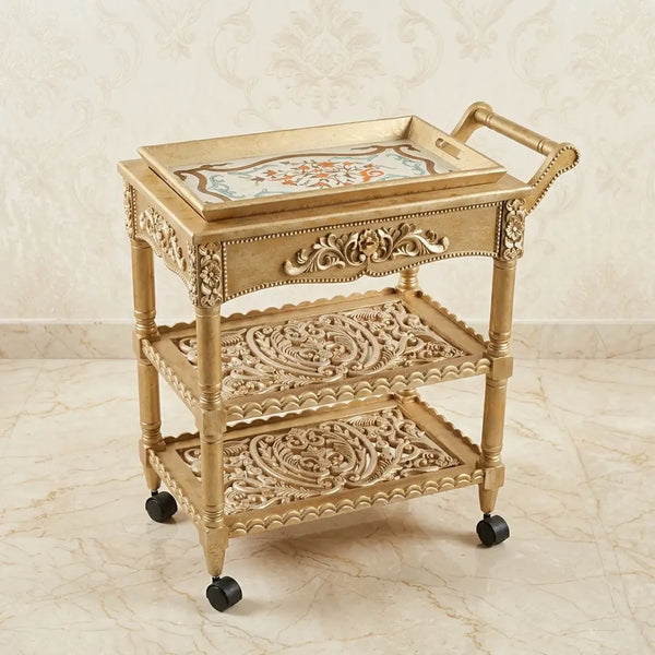 Antique Gold Serving Trolley – Carved Scroll Design