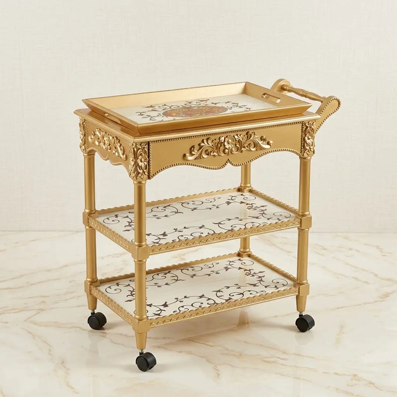 Gold Carved Serving Trolley – Ornate Floral Design