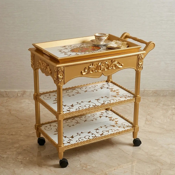 Gold Carved Serving Trolley – Ornate Floral Design