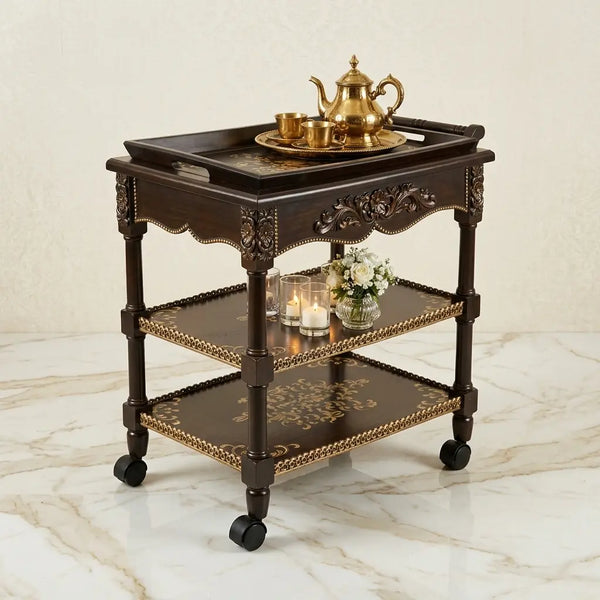 Espresso Carved Serving Trolley – Floral Apron Design