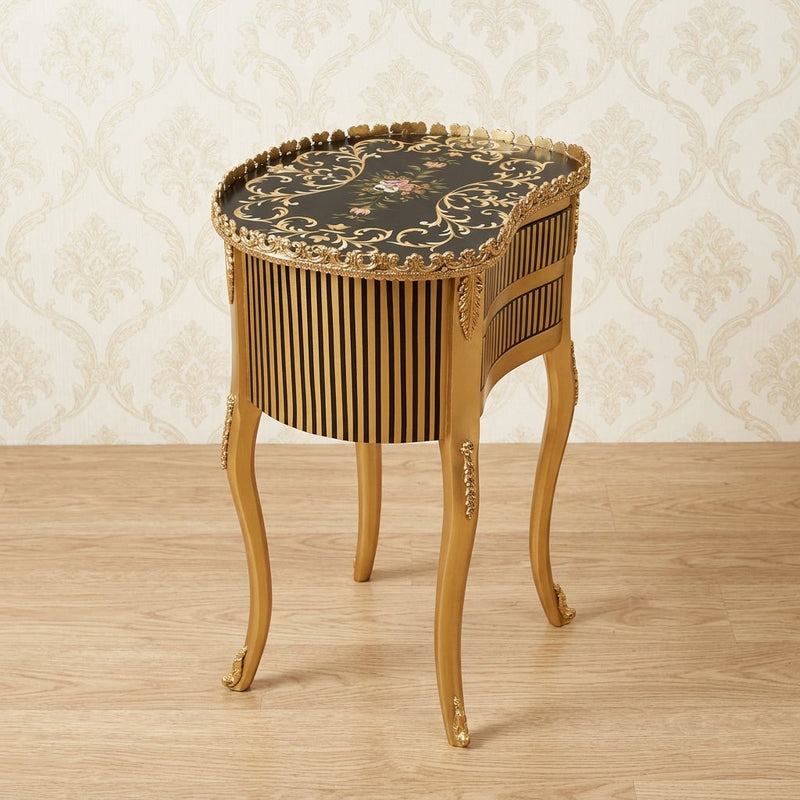 Gold Kidney Table – Black Striped Drawer Design