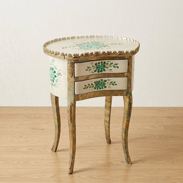 Vintage Cream & Gold Kidney Table – Green Floral Design