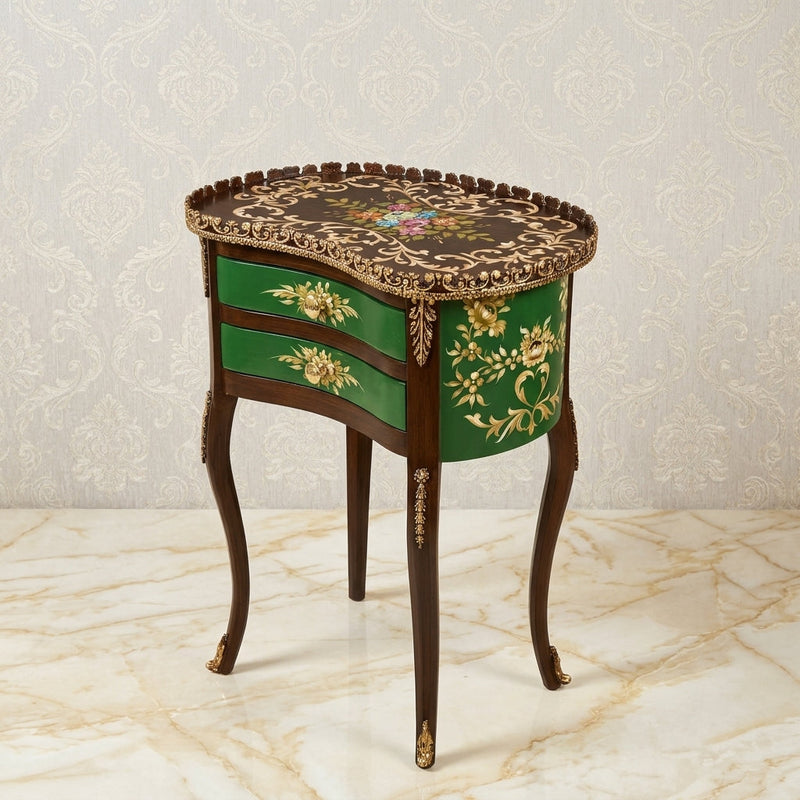 Espresso & Green Kidney Table – Gold Floral Design