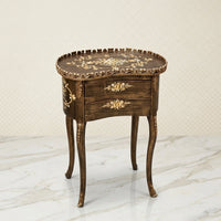 Weathered Gray Kidney Table – Gold Scroll Design