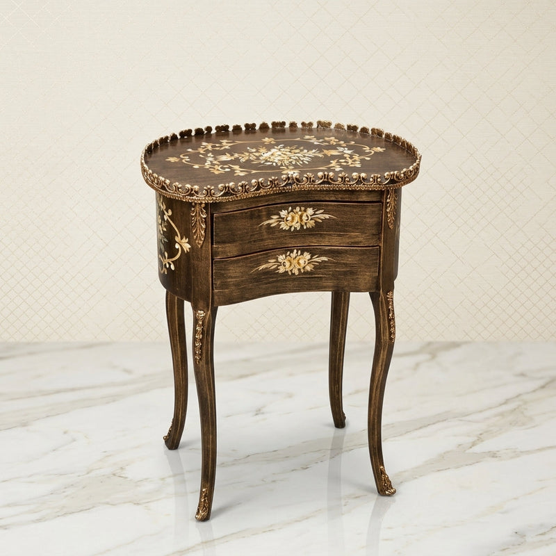Weathered Gray Kidney Table – Gold Scroll Design
